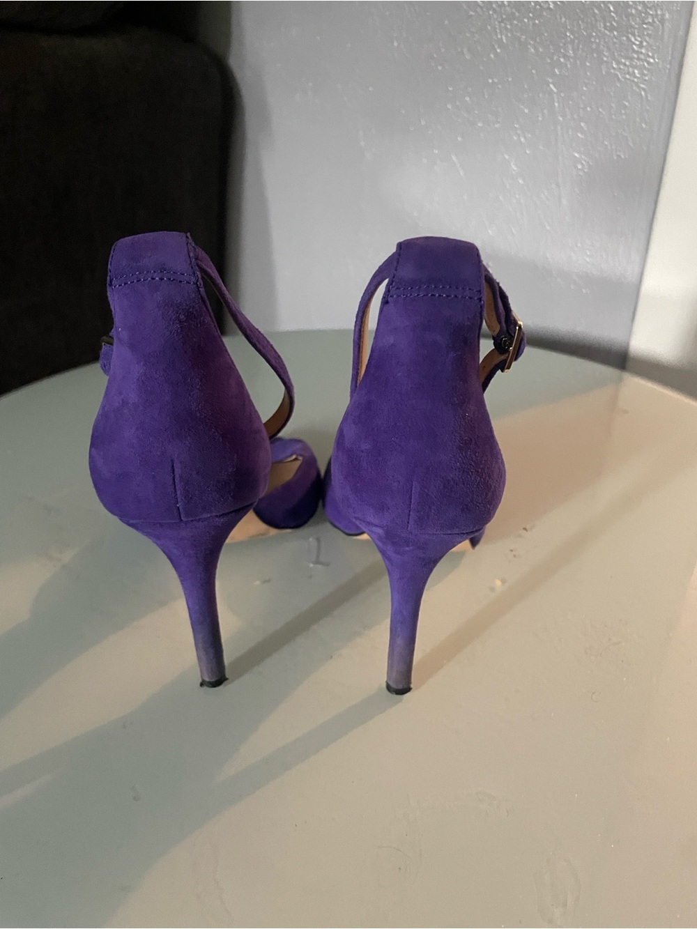 Vince Camuto Purple Suede Peep-Toe Ankle Strap Stilettos - Picture 2 of 4